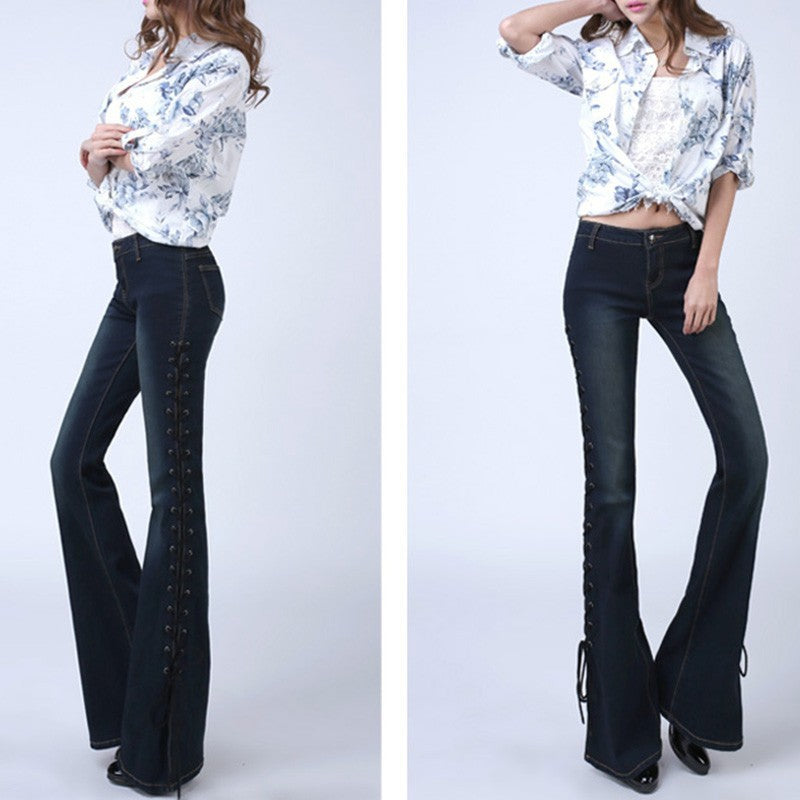Vintage High Waist Bandage Lace Up Flare Jeans