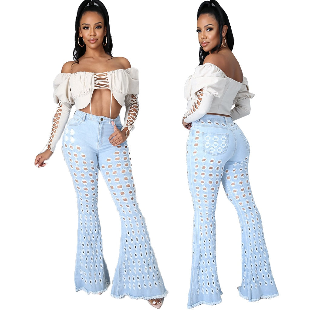 Hollow Out Flare Denim Pants