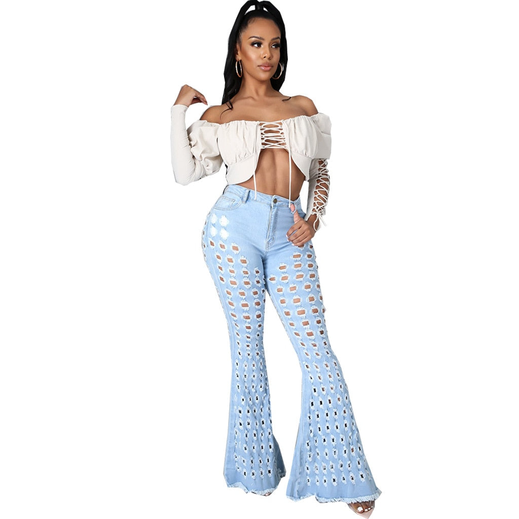 Hollow Out Flare Denim Pants