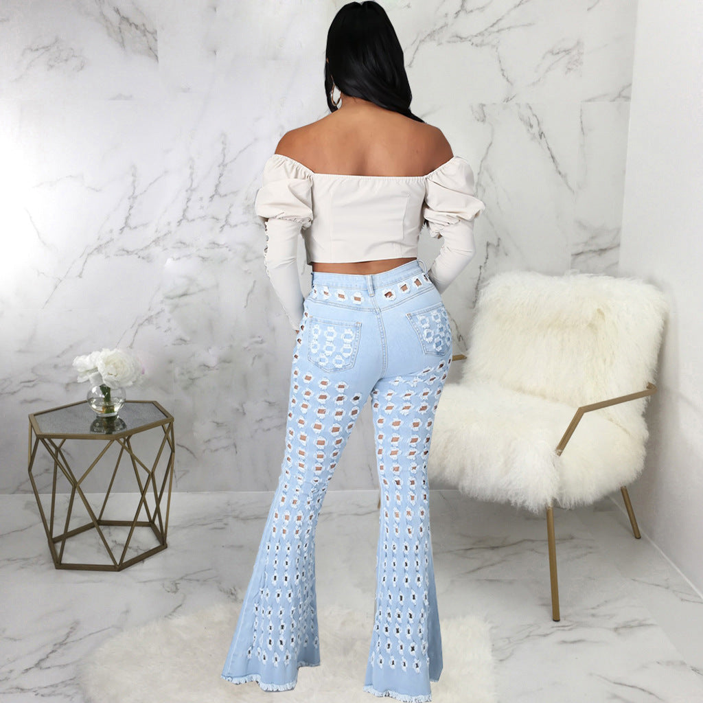 Hollow Out Flare Denim Pants