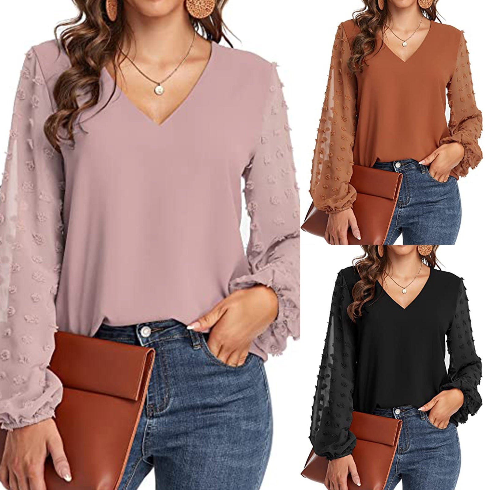 Lantern Sleeve V Neck Chiffon Blouse