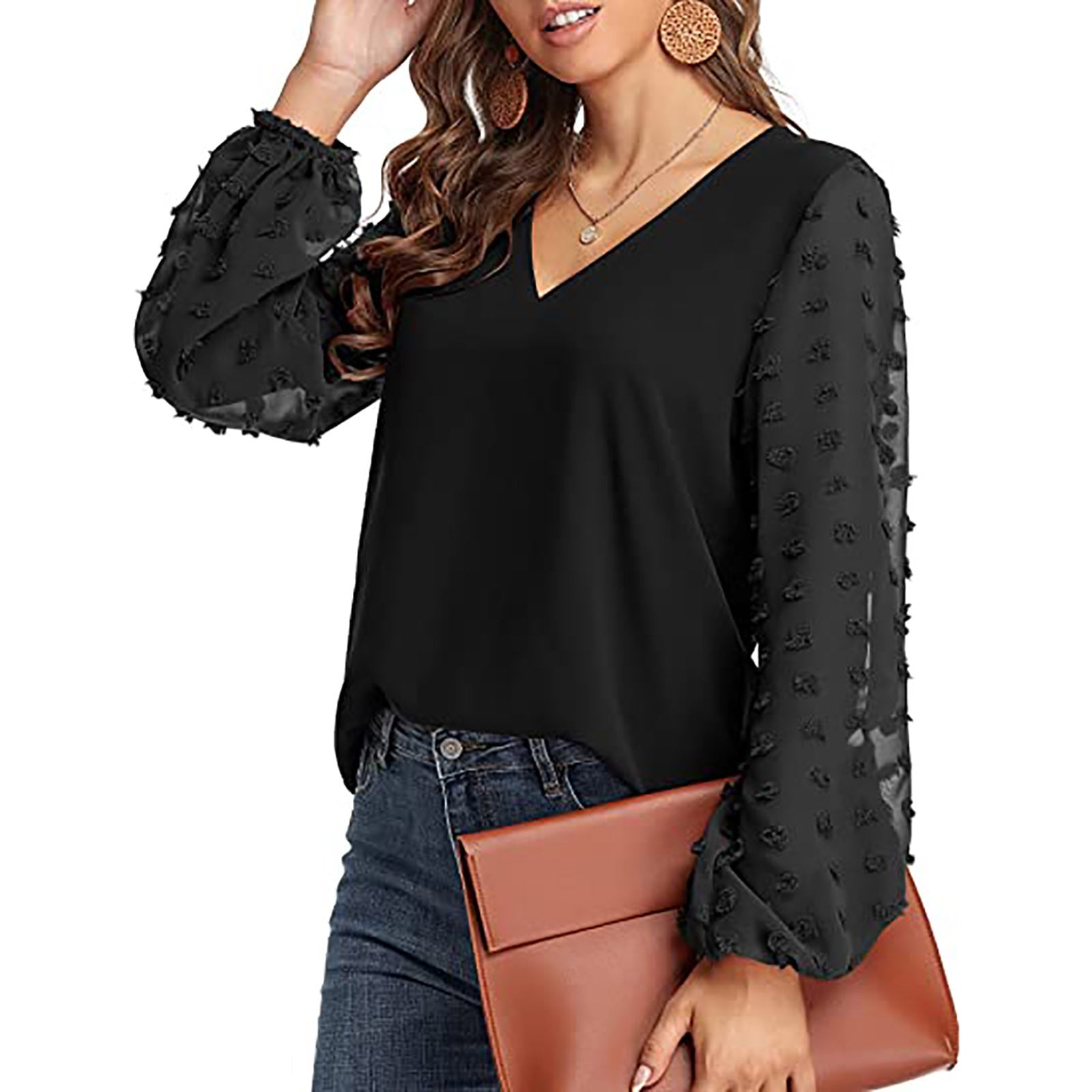 Lantern Sleeve V Neck Chiffon Blouse