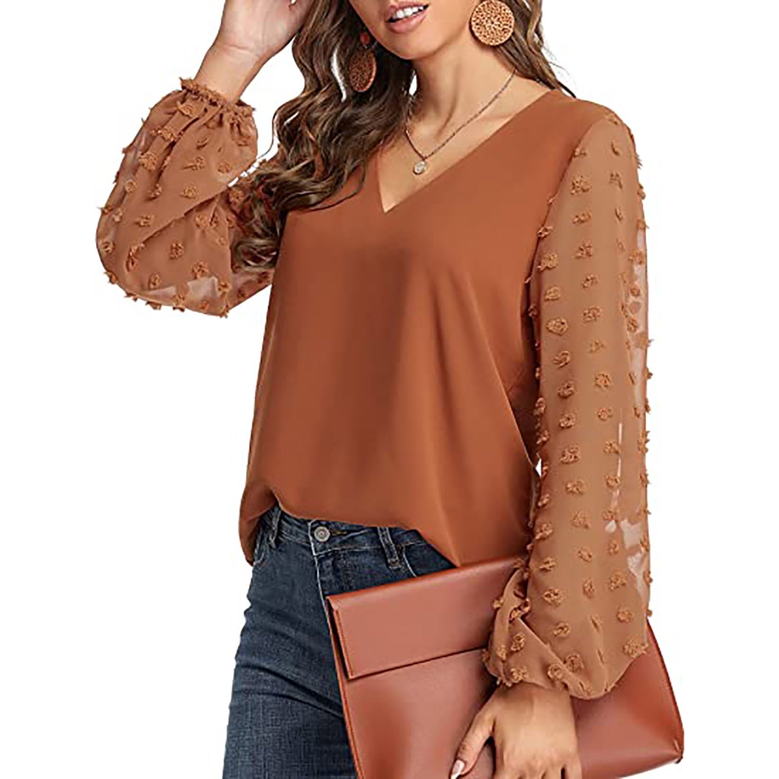 Lantern Sleeve V Neck Chiffon Blouse