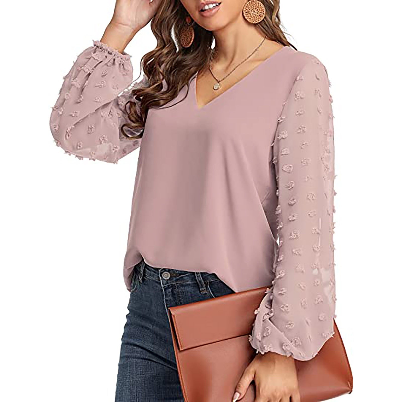 Lantern Sleeve V Neck Chiffon Blouse