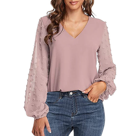 Lantern Sleeve V Neck Chiffon Blouse