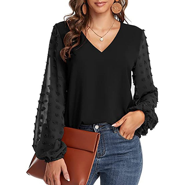 Lantern Sleeve V Neck Chiffon Blouse