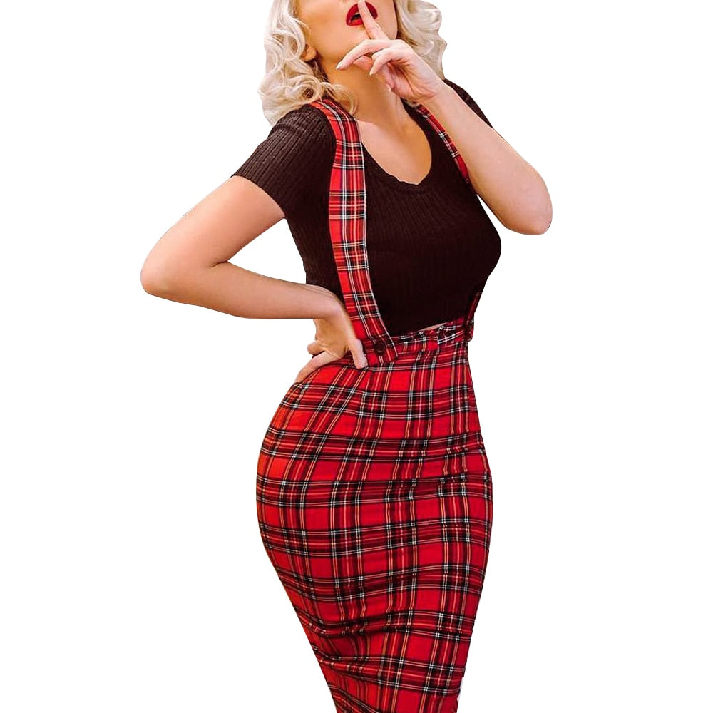 Plaid Print Suspender Knee Length Skirt