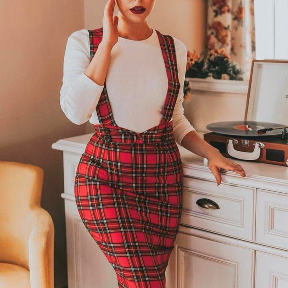 Plaid Print Suspender Knee Length Skirt