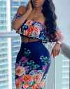 Casual Two-Piece Off Shoulder Short Sleeve Floral Print Skirt
