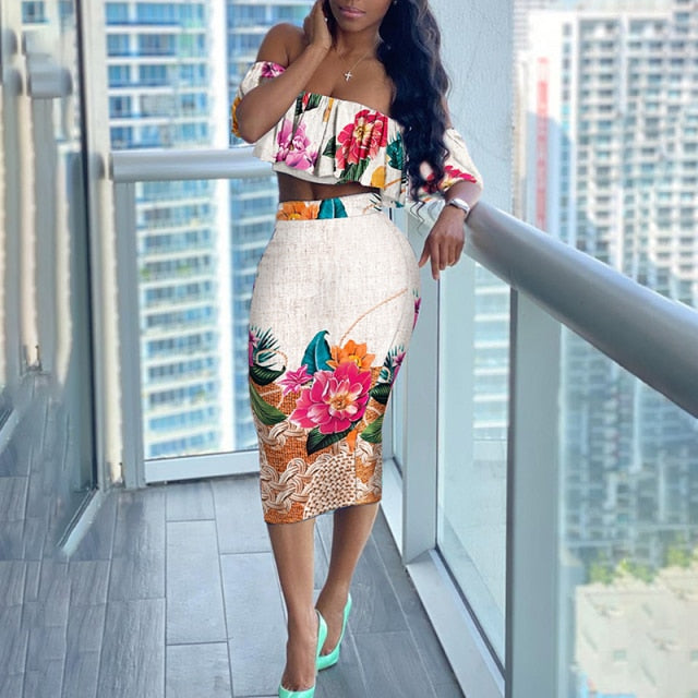 Casual Two-Piece Off Shoulder Short Sleeve Floral Print Skirt
