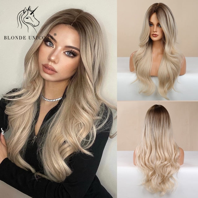 Long, Wavy Natural Synthetic Wig Ombre, Blonde & Brown