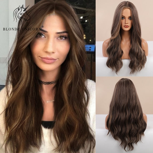 Long, Wavy Natural Synthetic Wig Ombre, Blonde & Brown