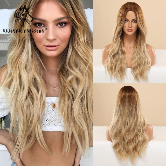 Long, Wavy Natural Synthetic Wig Ombre, Blonde & Brown