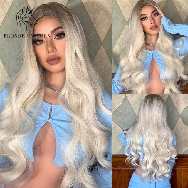Long, Wavy Natural Synthetic Wig Ombre, Blonde & Brown