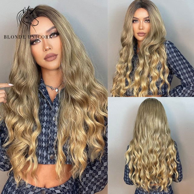 Long, Wavy Natural Synthetic Wig Ombre, Blonde & Brown
