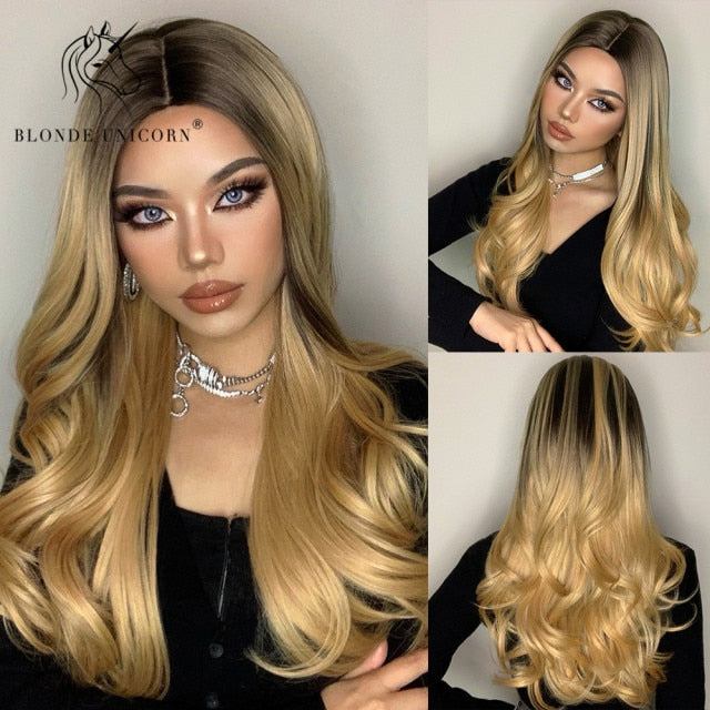 Long, Wavy Natural Synthetic Wig Ombre, Blonde & Brown
