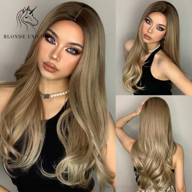 Long, Wavy Natural Synthetic Wig Ombre, Blonde & Brown