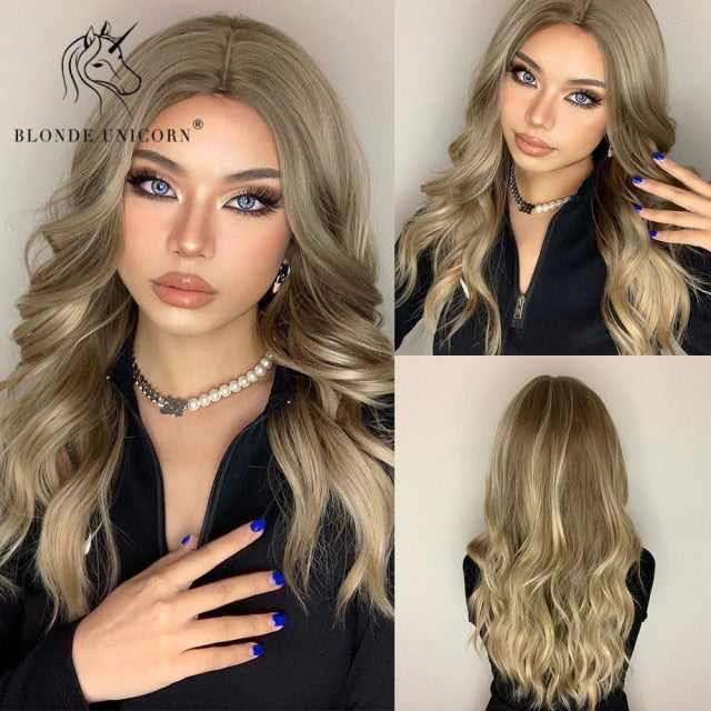 Long, Wavy Natural Synthetic Wig Ombre, Blonde & Brown