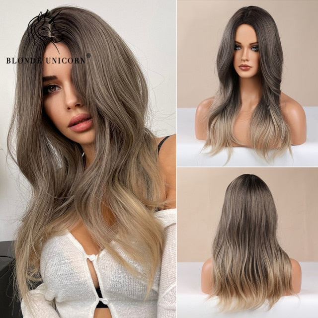 Long, Wavy Natural Synthetic Wig Ombre, Blonde & Brown