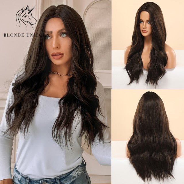 Long, Wavy Natural Synthetic Wig Ombre, Blonde & Brown