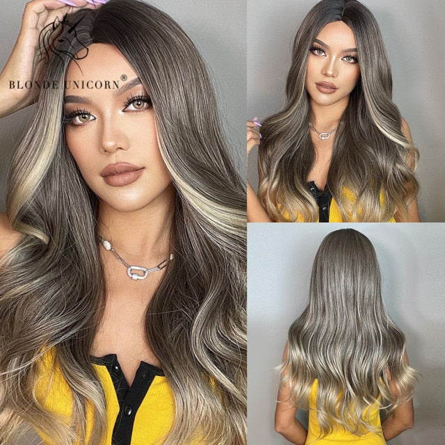 Long, Wavy Natural Synthetic Wig Ombre, Blonde & Brown