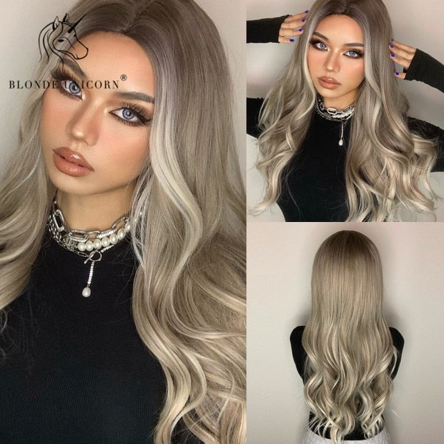 Long, Wavy Natural Synthetic Wig Ombre, Blonde & Brown