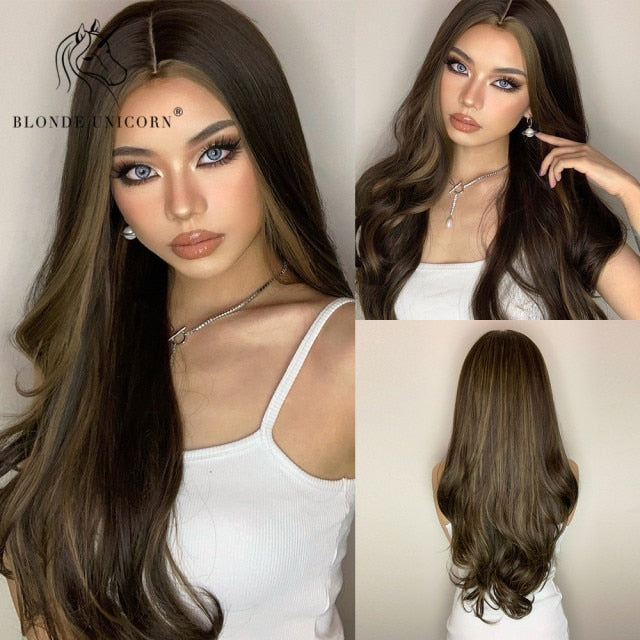 Long, Wavy Natural Synthetic Wig Ombre, Blonde & Brown