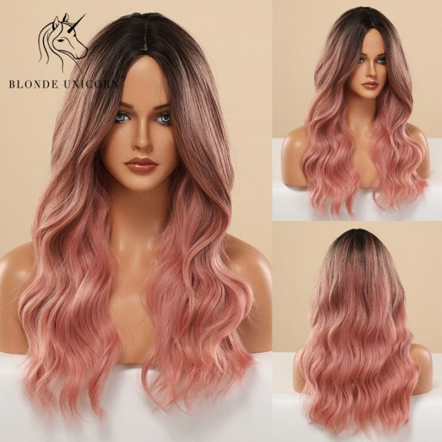 Long, Wavy Natural Synthetic Wig Ombre, Blonde & Brown