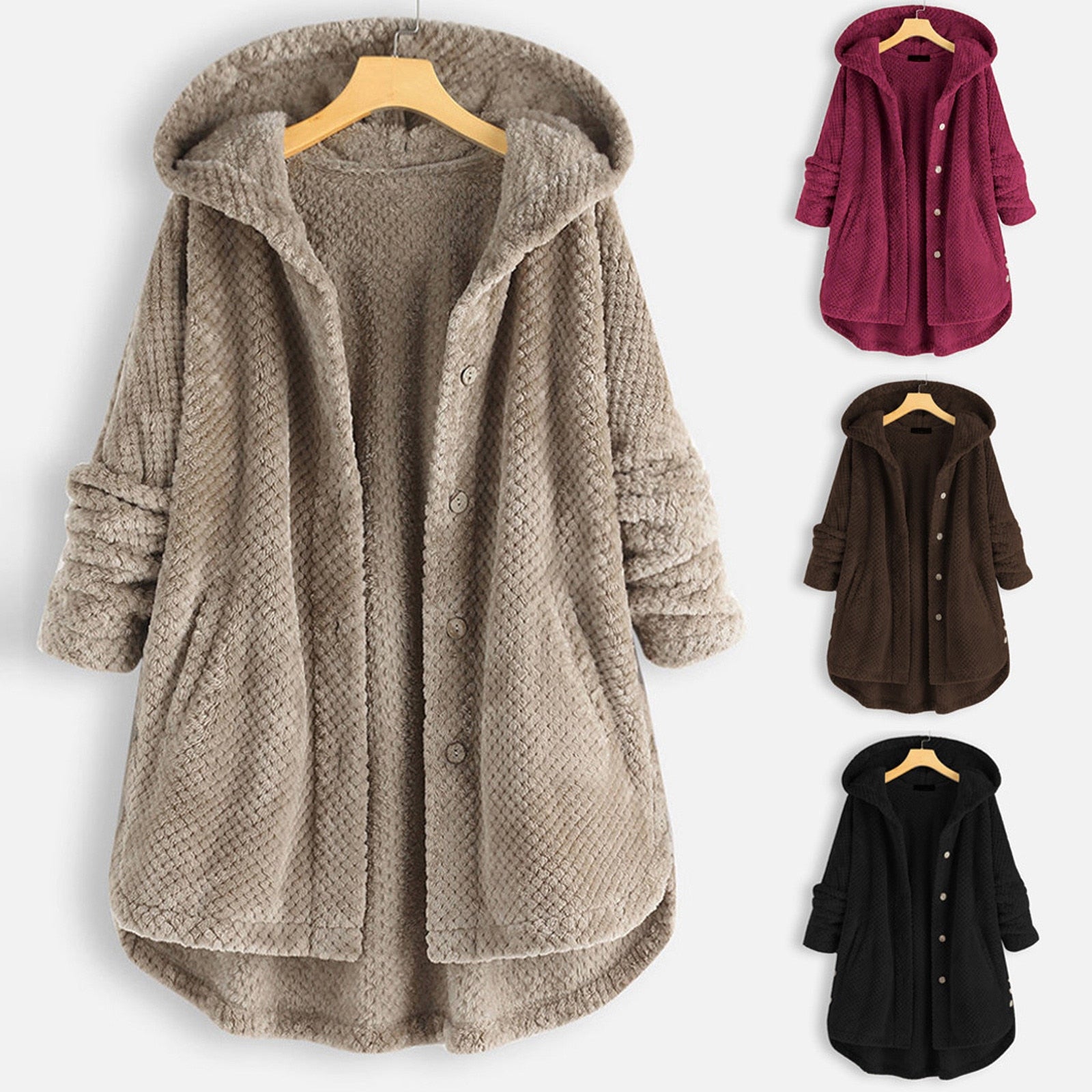 S-5XL Warm Winter Fleece Button Hooded Overcoat