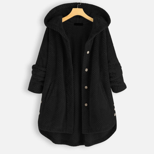 S-5XL Warm Winter Fleece Button Hooded Overcoat