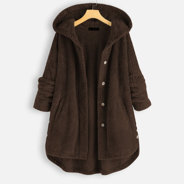 S-5XL Warm Winter Fleece Button Hooded Overcoat