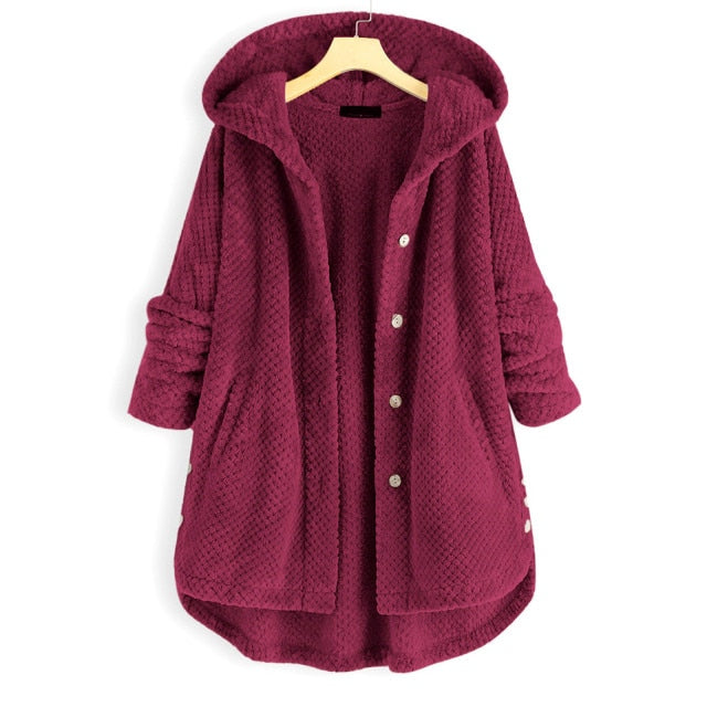 S-5XL Warm Winter Fleece Button Hooded Overcoat