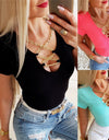 Solid Color Patchwork Design Chain V-Neck T-Shirt