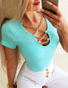Solid Color Patchwork Design Chain V-Neck T-Shirt