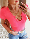 Solid Color Patchwork Design Chain V-Neck T-Shirt