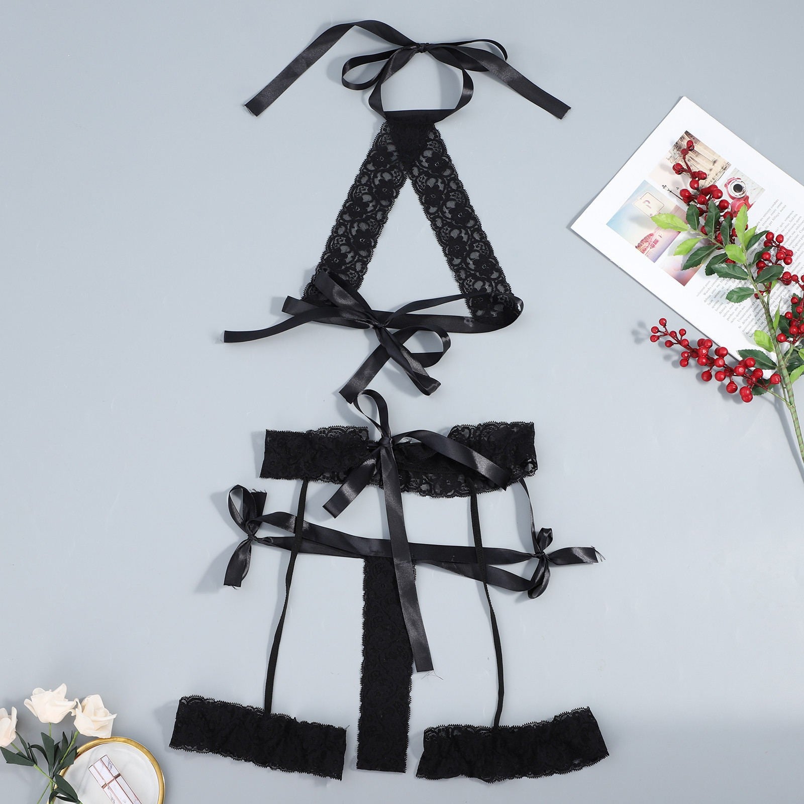 3Pcs Hollow-Out Open Bra Black Lace Strap Underwear Set