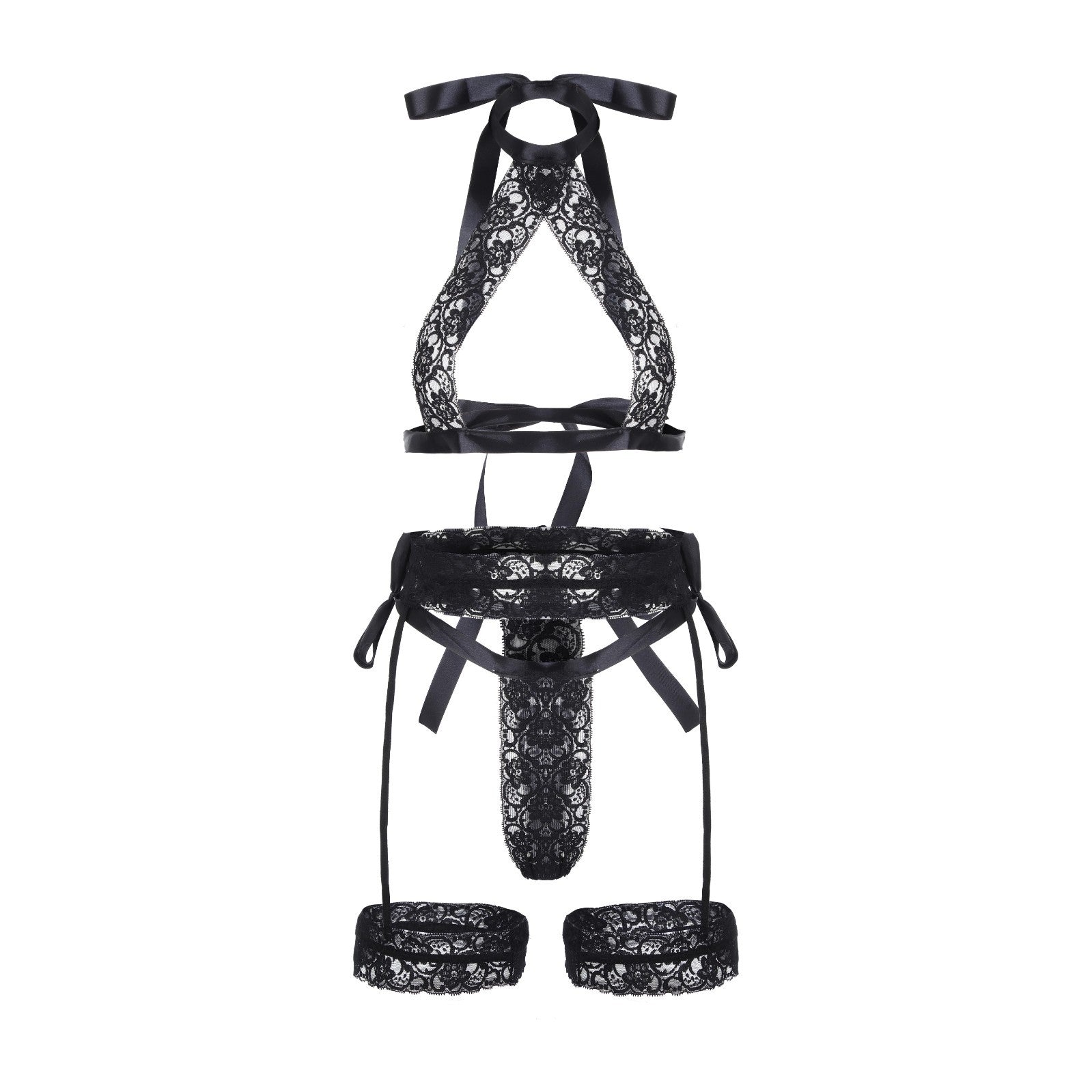 3Pcs Hollow-Out Open Bra Black Lace Strap Underwear Set