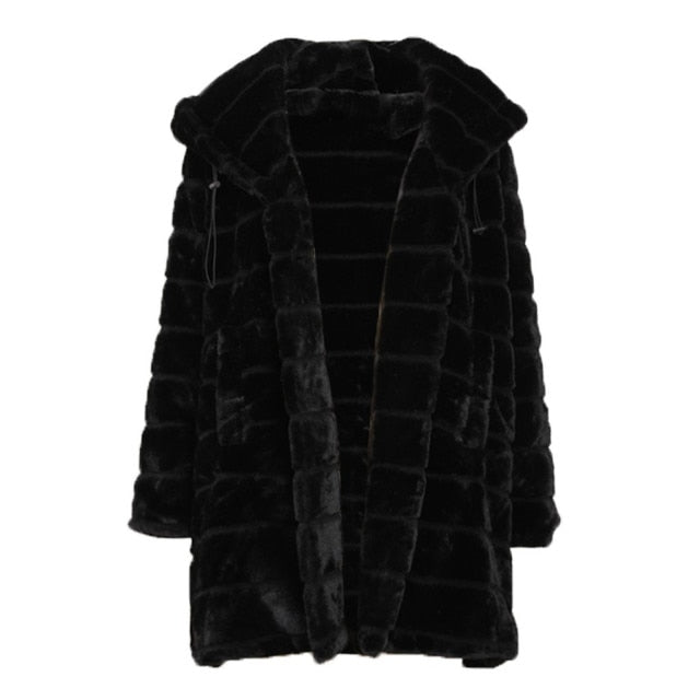 Warm Thick Hooded Pure Color Faux-Fur Coat