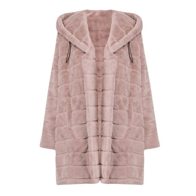 Warm Thick Hooded Pure Color Faux-Fur Coat