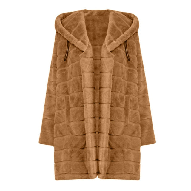 Warm Thick Hooded Pure Color Faux-Fur Coat