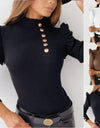 Buttoned Long Sleeve Ribbed TurtleneckTop