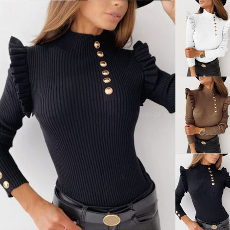 Buttoned Long Sleeve Ribbed TurtleneckTop