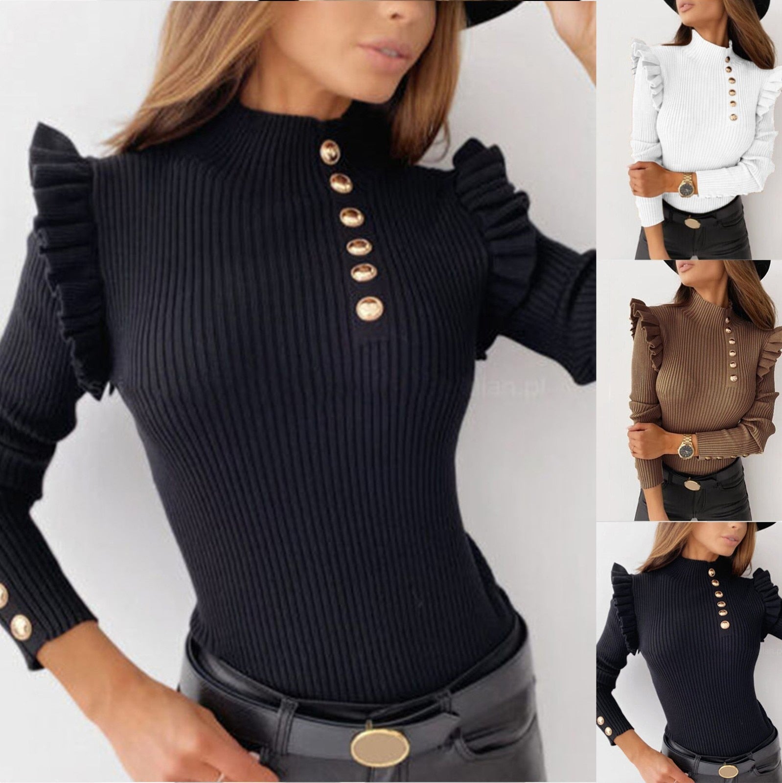 Buttoned Long Sleeve Ribbed TurtleneckTop