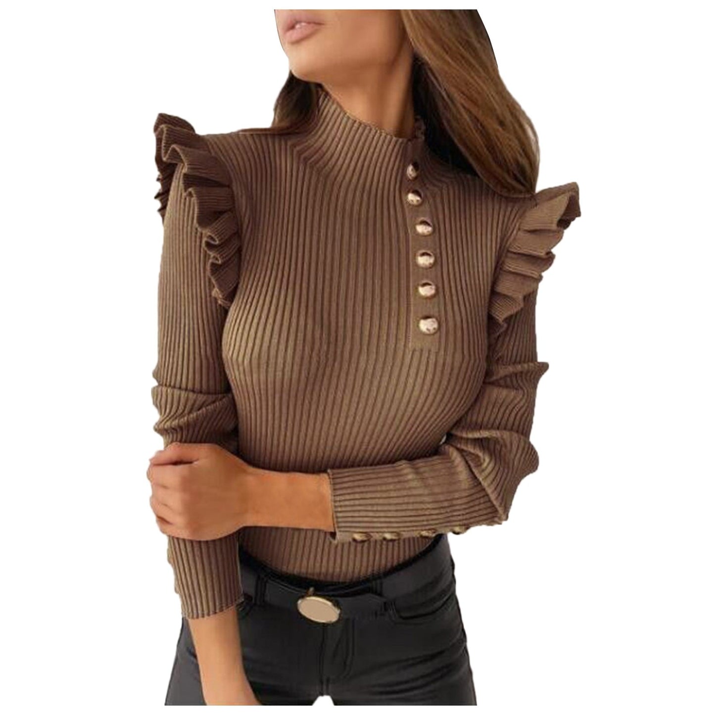 Buttoned Long Sleeve Ribbed TurtleneckTop