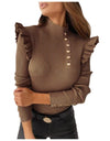 Buttoned Long Sleeve Ribbed TurtleneckTop