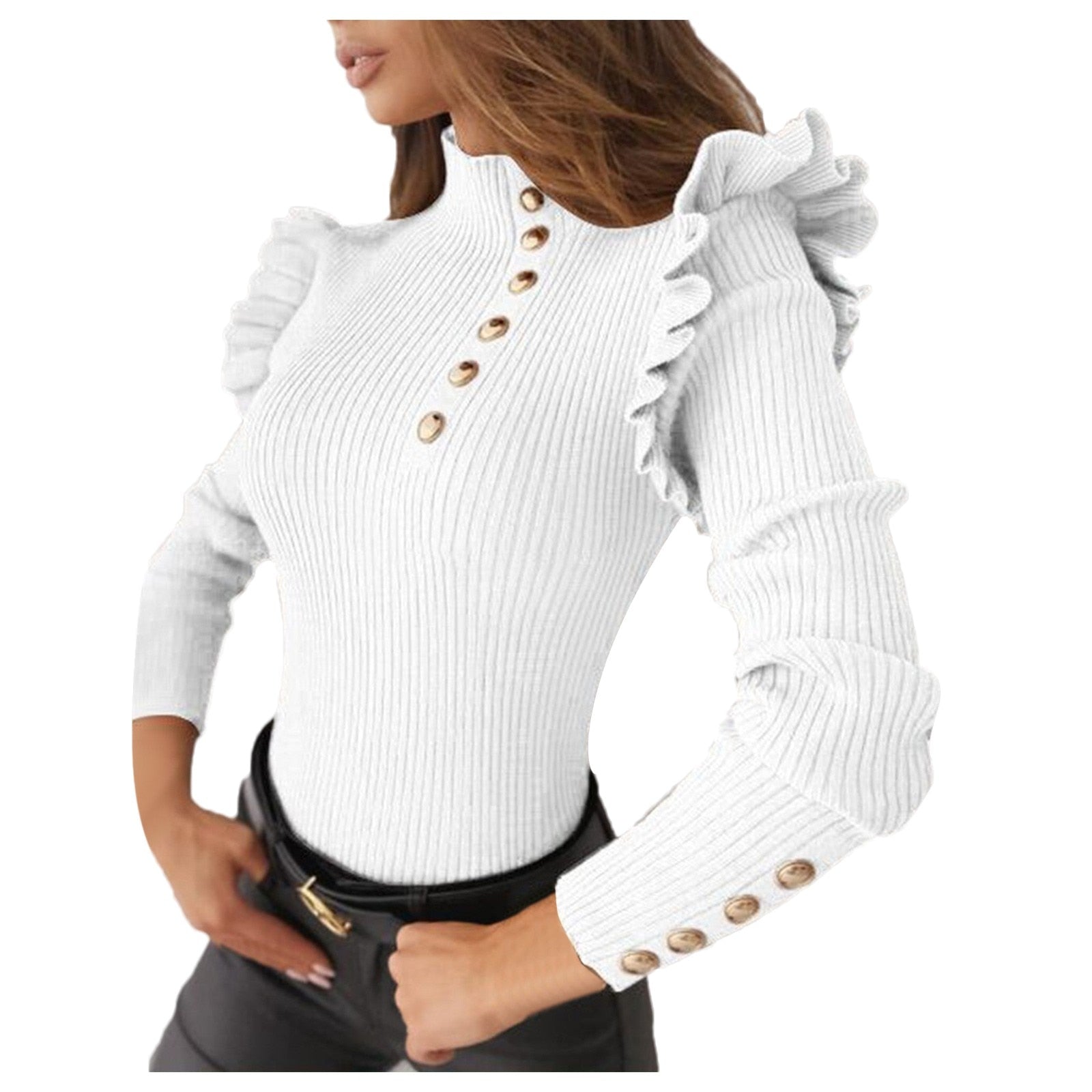 Buttoned Long Sleeve Ribbed TurtleneckTop