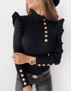Buttoned Long Sleeve Ribbed TurtleneckTop