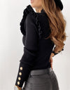 Buttoned Long Sleeve Ribbed TurtleneckTop