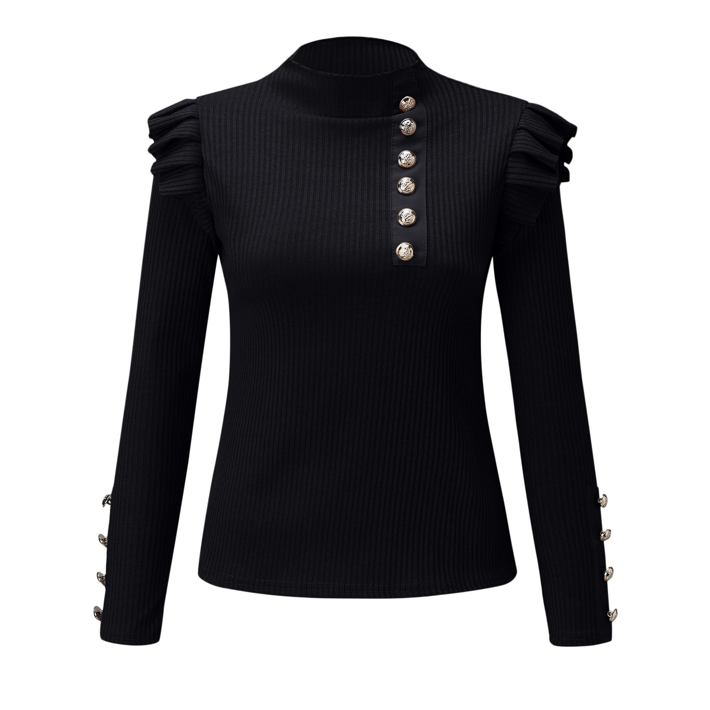 Buttoned Long Sleeve Ribbed TurtleneckTop