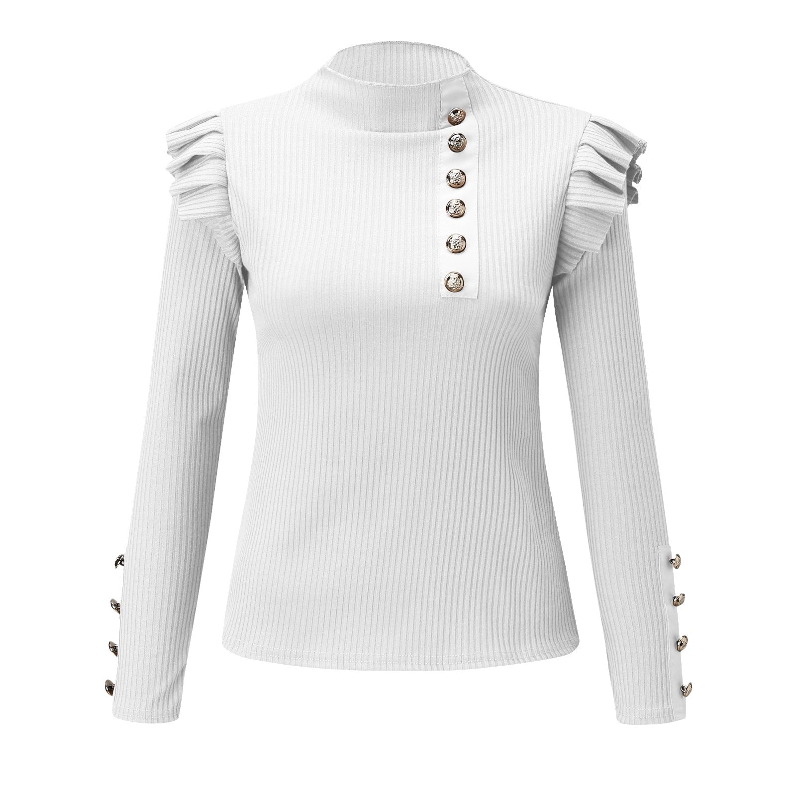 Buttoned Long Sleeve Ribbed TurtleneckTop